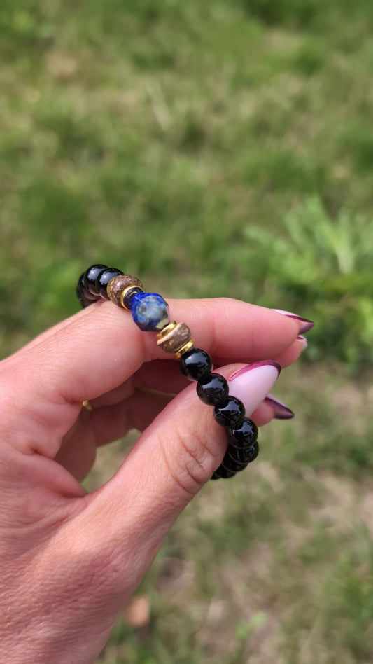 Bracelet lapis lazuli inox bois élastique 18 cm