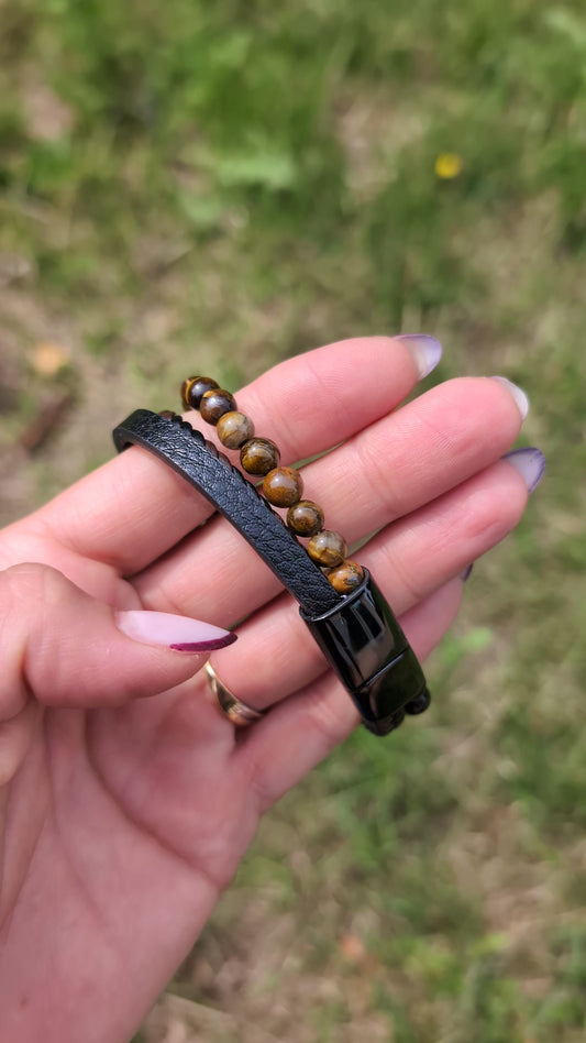 Bracelet cuir hématite onyx oeil de tigre 18 cm