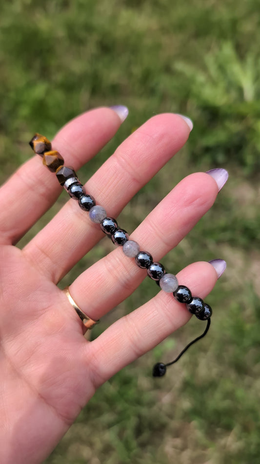 Bracelet réglable macramé labradorite oeil de tigre hématite 20 cm minimum