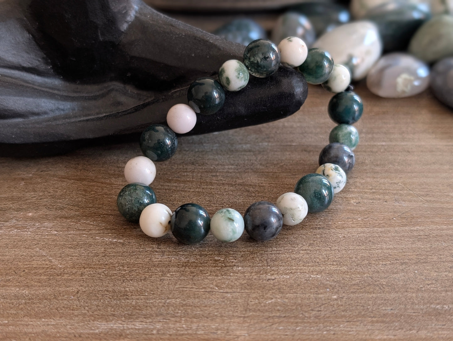 Bracelet agate mousse et arbre larvikite 15.5 cm