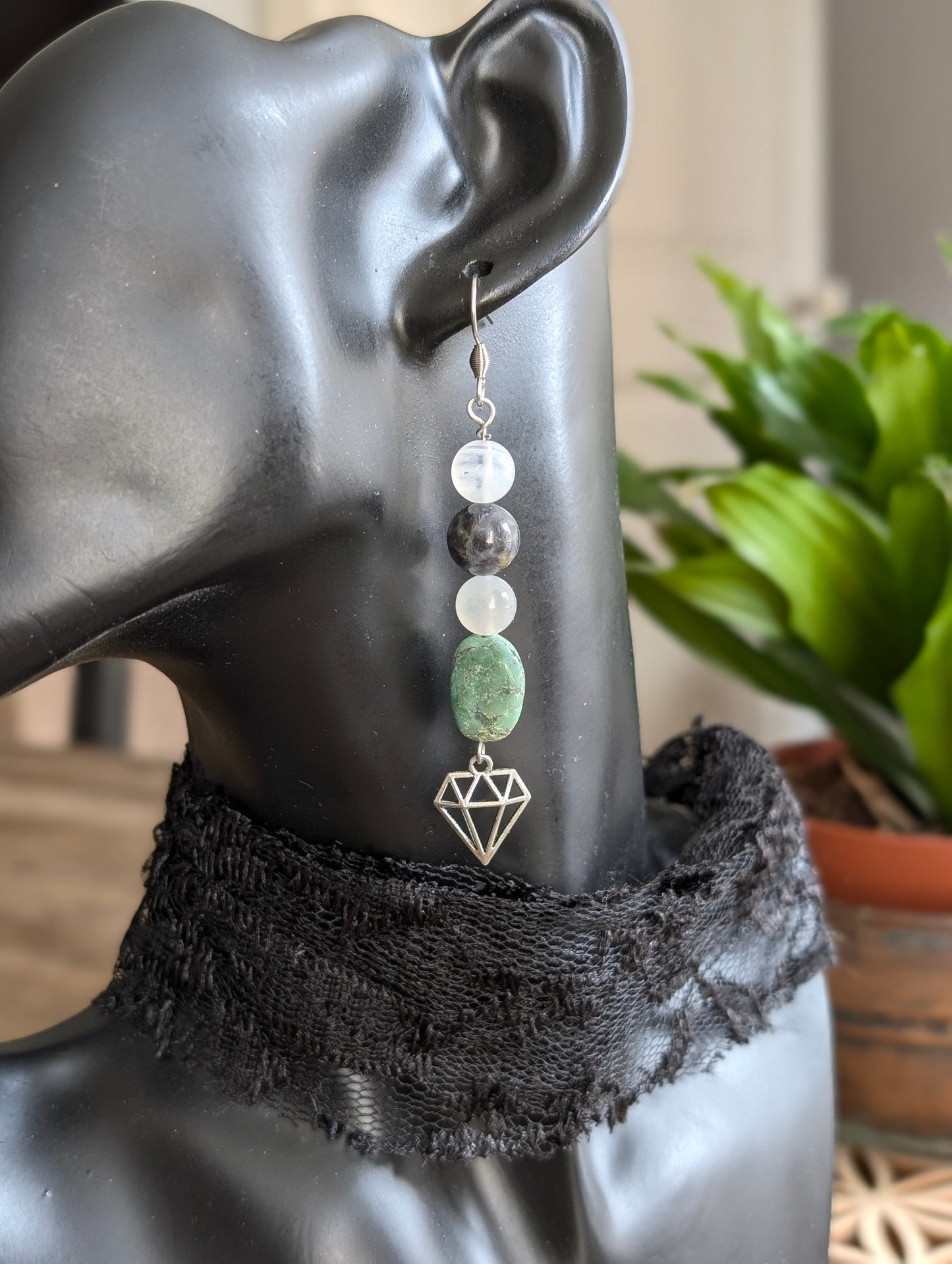 Boucles d'oreilles labradorite blanche chrysoprase cordiérite
