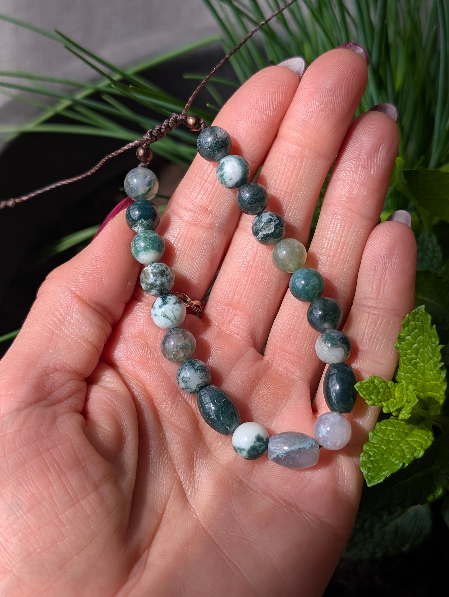 Bracelet réglable unisexe agate mousse et arbre 17cm minimum