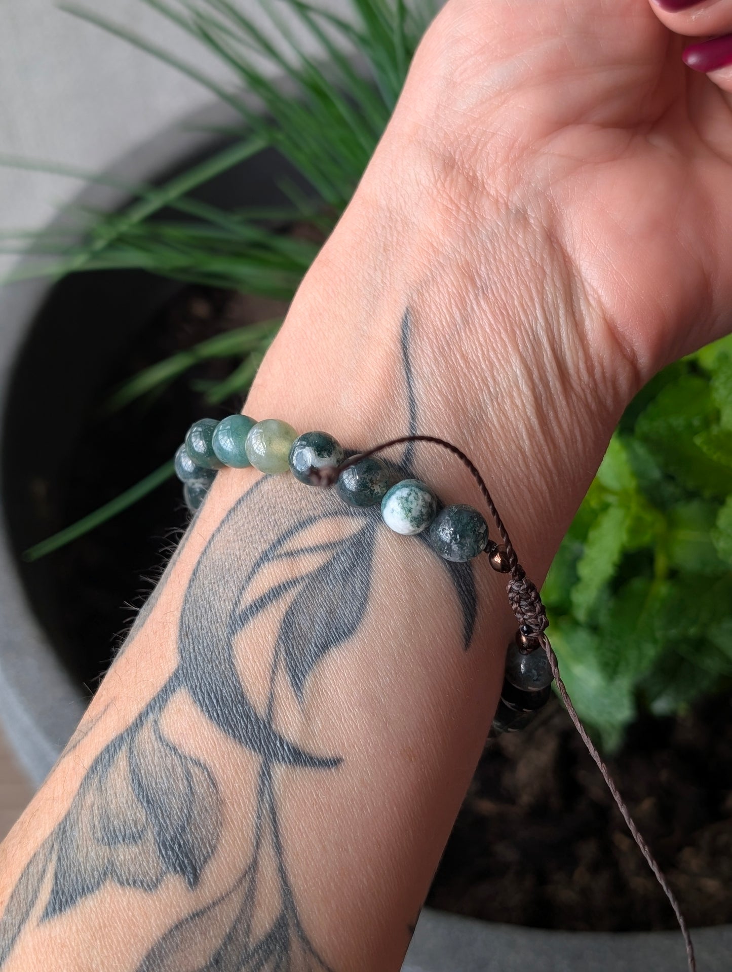 Bracelet réglable unisexe agate mousse et arbre 17cm minimum