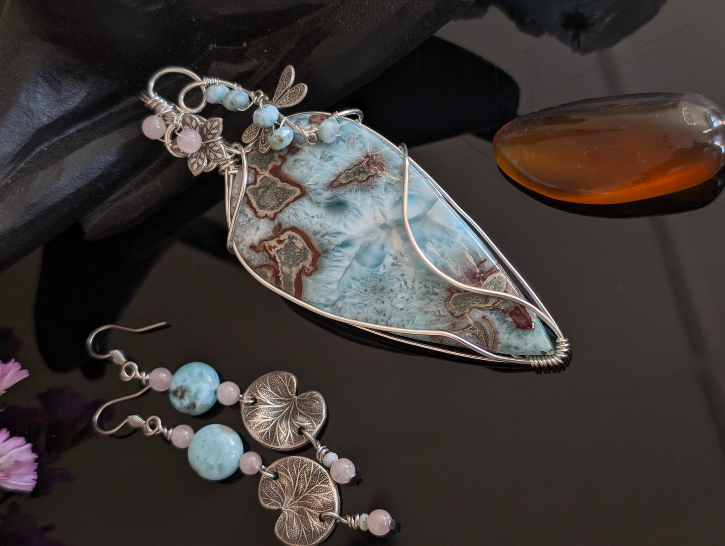 Boucles d'oreilles larimar et quartz rose