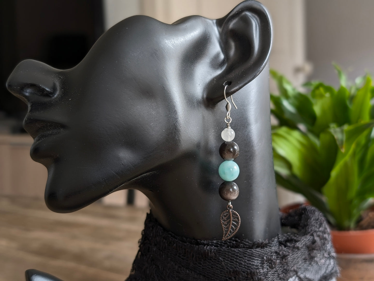 Boucles d'oreilles amazonite obsidienne argentée labradorite blanche