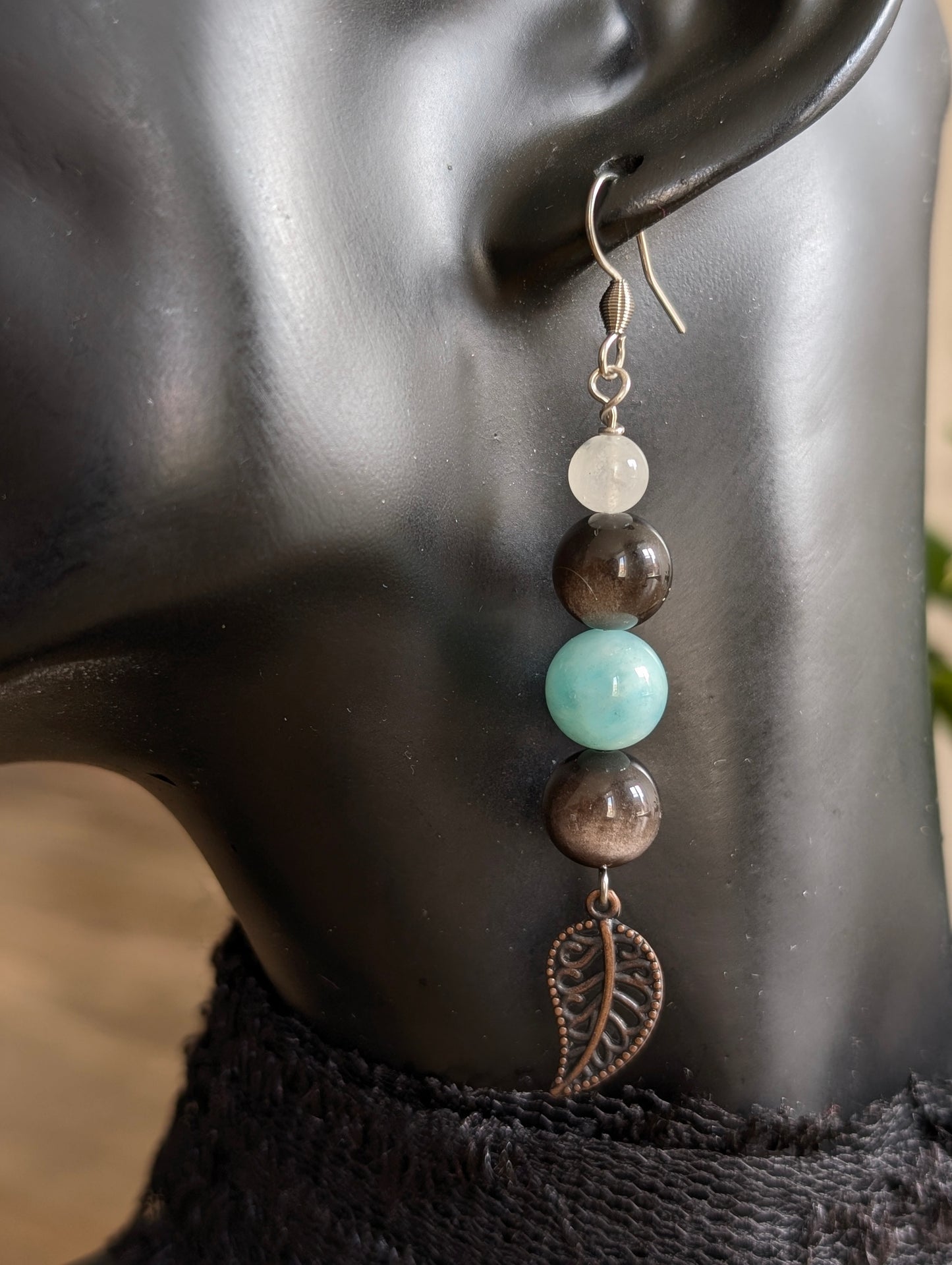Boucles d'oreilles amazonite obsidienne argentée labradorite blanche