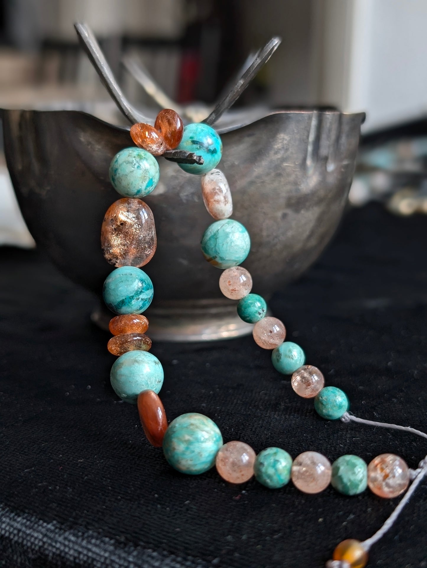 Bracelet turquoise du Pérou et pierre de soleil 16 cm minimum