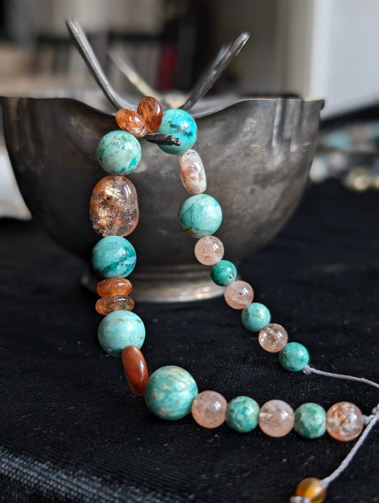 Bracelet turquoise du Pérou et pierre de soleil 16 cm minimum