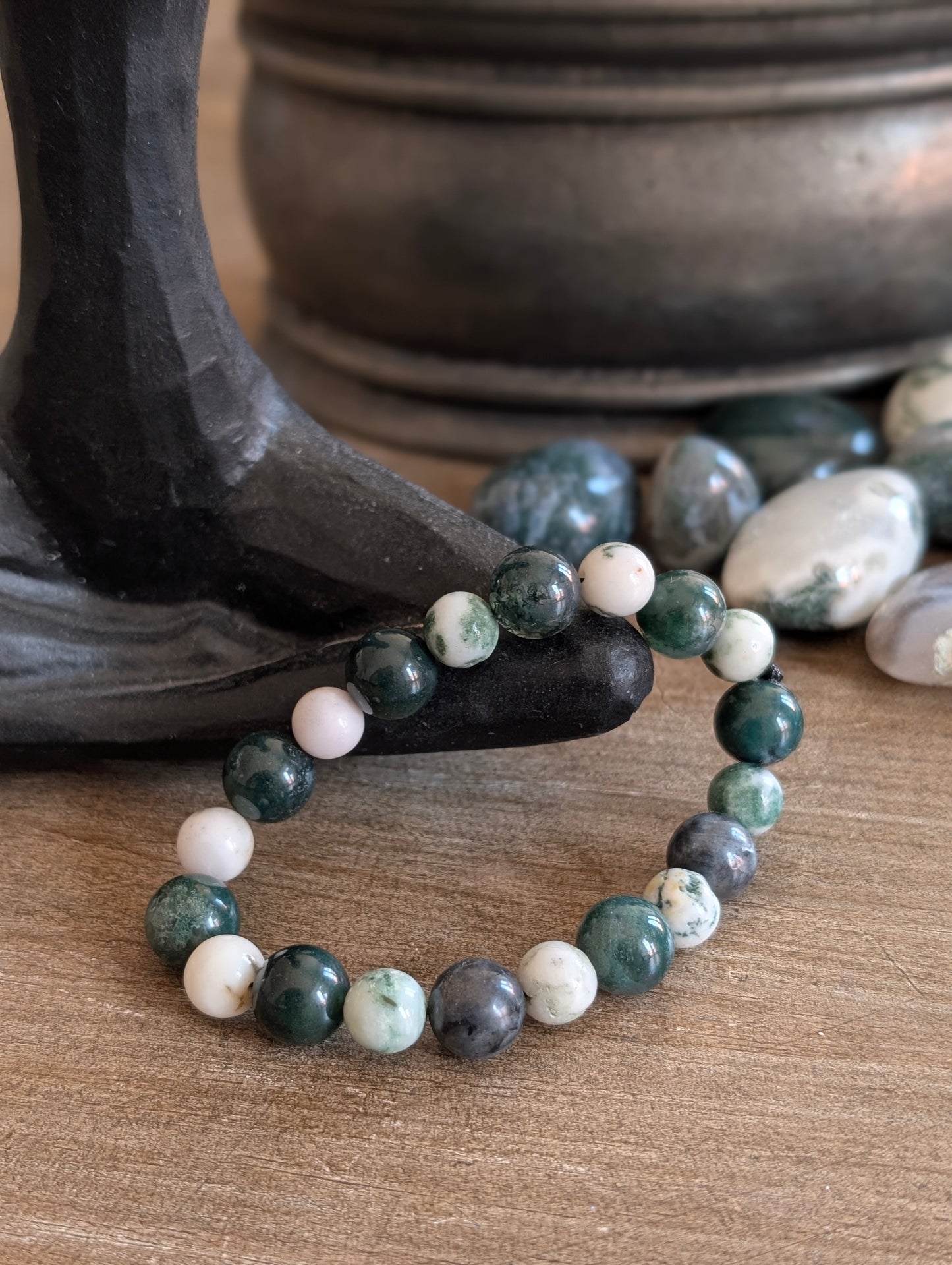 Bracelet agate mousse et arbre larvikite 15.5 cm