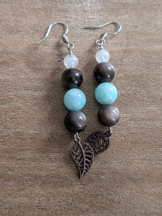 Boucles d'oreilles amazonite obsidienne argentée labradorite blanche
