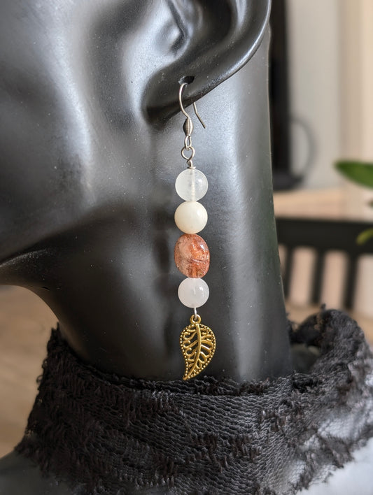 Boucles d'oreilles pierre de soleil quartz rose labradorite blanche