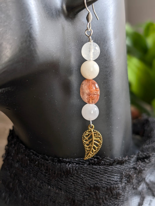 Boucles d'oreilles pierre de soleil quartz rose labradorite blanche