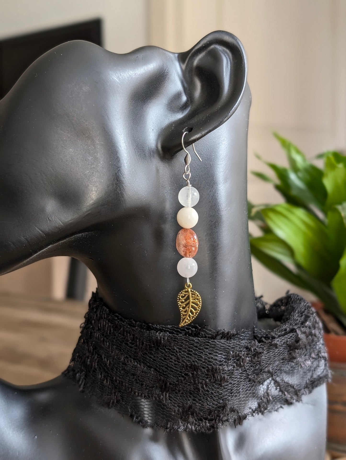 Boucles d'oreilles pierre de soleil quartz rose labradorite blanche