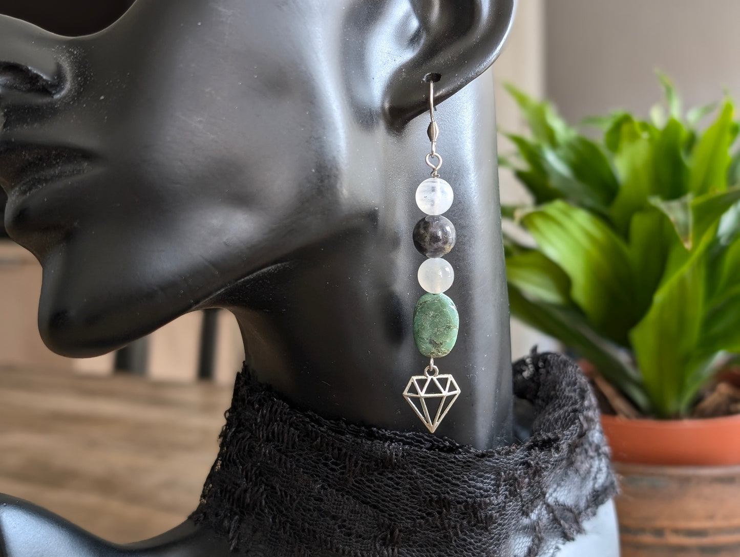 Boucles d'oreilles labradorite blanche chrysoprase cordiérite