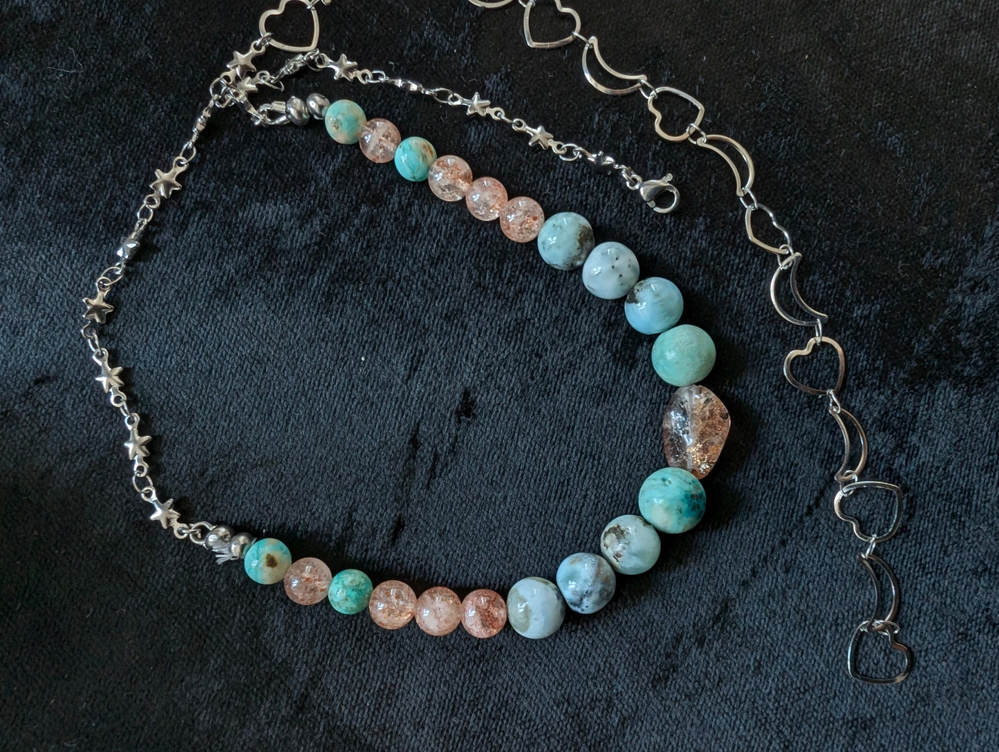 Collier unique larimar turquoise péruvienne pierre de soleil