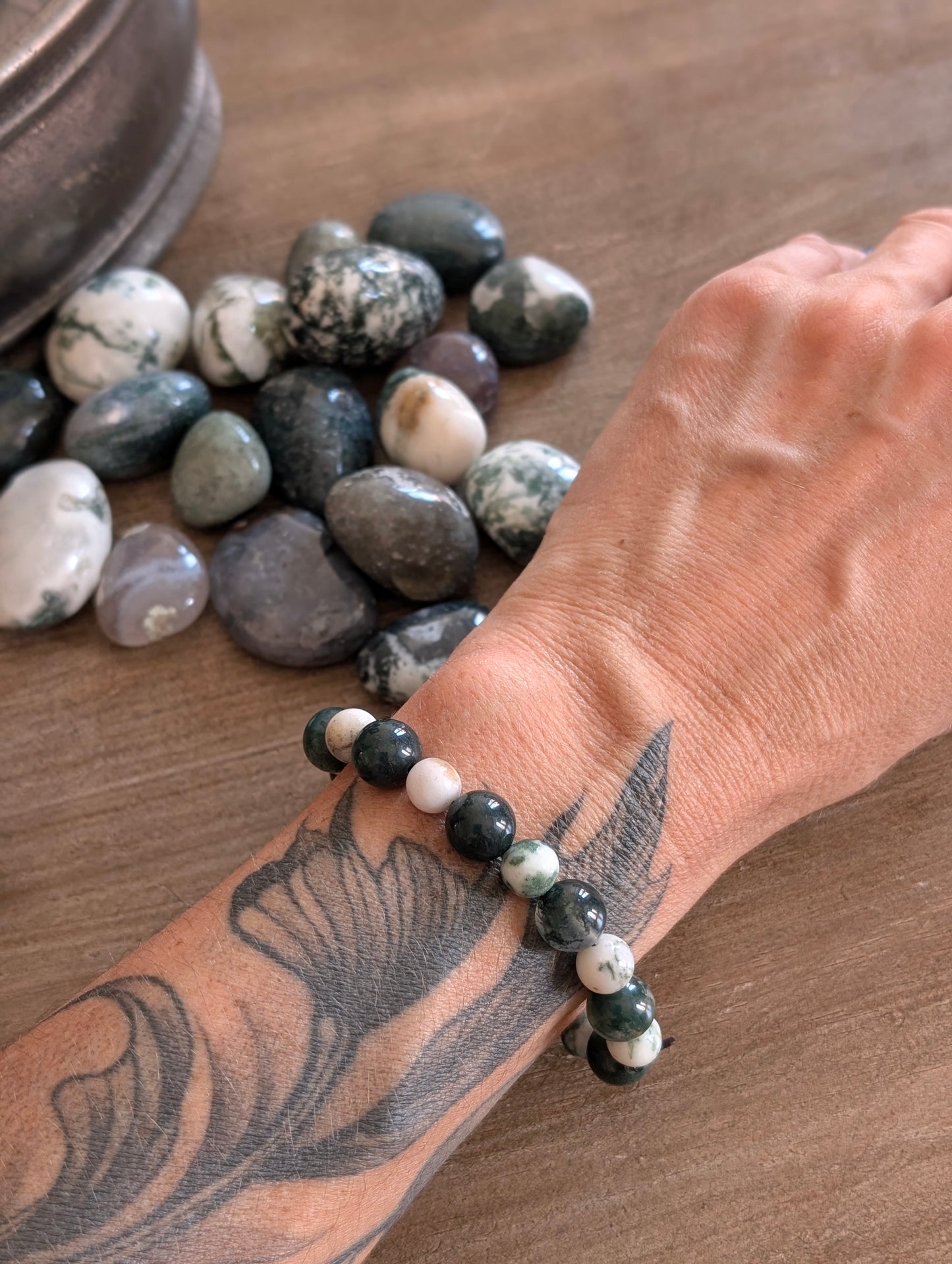 Bracelet agate mousse et arbre larvikite 15.5 cm