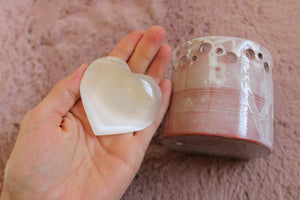 Lot mariage poterie pot + coeur en sélénite